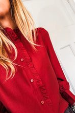 Load image into Gallery viewer, Red Frilled Trim Button Up Pleated Long Sleeve Shirt
