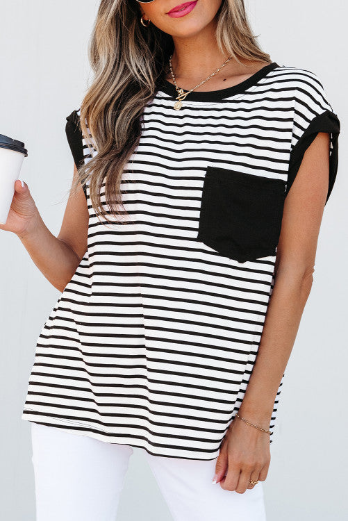 Stripe Chest Pocket Patch Round Neck Tank Top