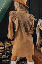 Load image into Gallery viewer, Camel Ruffle Trim Puff Sleeve Corduroy Shirt Dress
