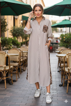Load image into Gallery viewer, Stripe Contrast Leopard Patchwork Long Shirt Dress with Slits
