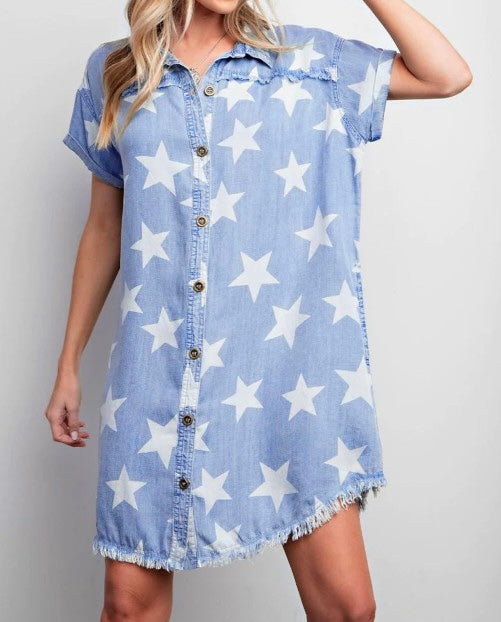 Star Frayed Hem Collared Short Sleeve Denim Dress