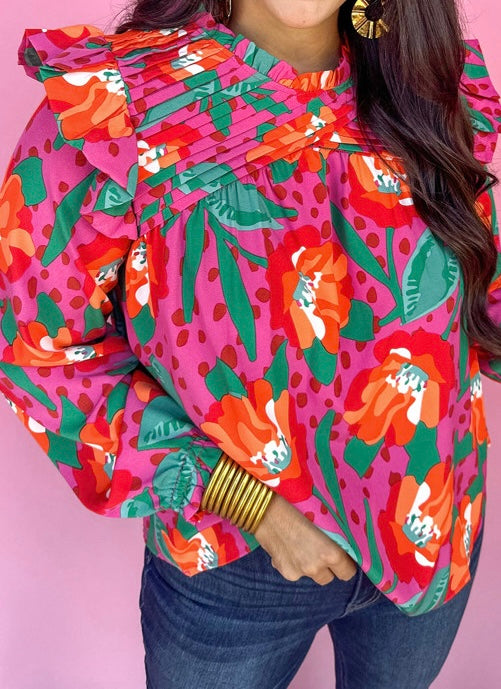 Floral Print Pleated Ruffled O Neck Plus Size Blouse