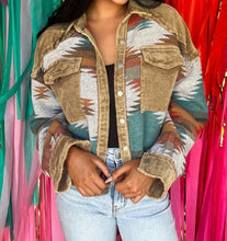 Load image into Gallery viewer, Camel Western Pattern Patchwork Flap Pocket Shacket

