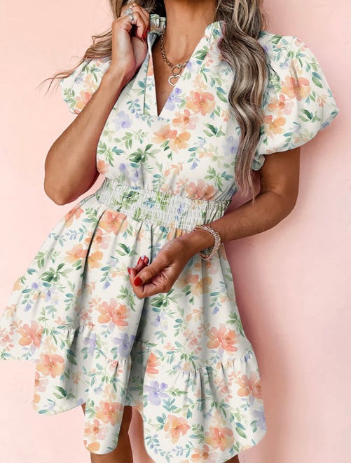 Floral Print Shirred High Waist Puff Sleeve  Dress