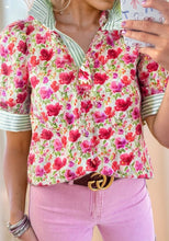 Load image into Gallery viewer, Floral Print Striped Patchwork Collared Short Sleeve Blouse Item
