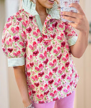Load image into Gallery viewer, Floral Print Striped Patchwork Collared Short Sleeve Blouse Item
