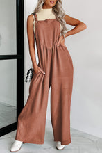 Load image into Gallery viewer, Gold Flame Textured Buttoned Straps Ruched Wide Leg Jumpsuit
