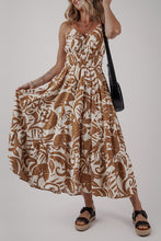 Load image into Gallery viewer, Khaki Floral Shirred High Waist Spaghetti Straps Maxi Dress
