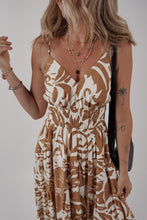 Load image into Gallery viewer, Khaki Floral Shirred High Waist Spaghetti Straps Maxi Dress
