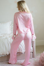 Load image into Gallery viewer, Satin Knot Accent Shirt and Ruffled Pants Lounge Set
