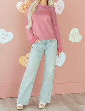 Load image into Gallery viewer, Pink Plaid Heart Embroidered Cuffed Drop Shoulder Crew Neck Sweater
