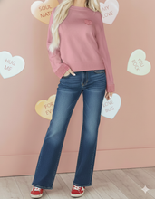 Load image into Gallery viewer, Pink Plaid Heart Embroidered Cuffed Drop Shoulder Crew Neck Sweater
