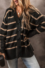 Load image into Gallery viewer, Stripe Buttoned V Neck Drop Shoulder Loose Cardigan
