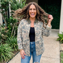 Load image into Gallery viewer, Retro Camo Print Corduroy Contrast Collar Zip Denim Jacket
