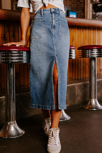 Patch Pockets Front Slit Midi Denim Skirt