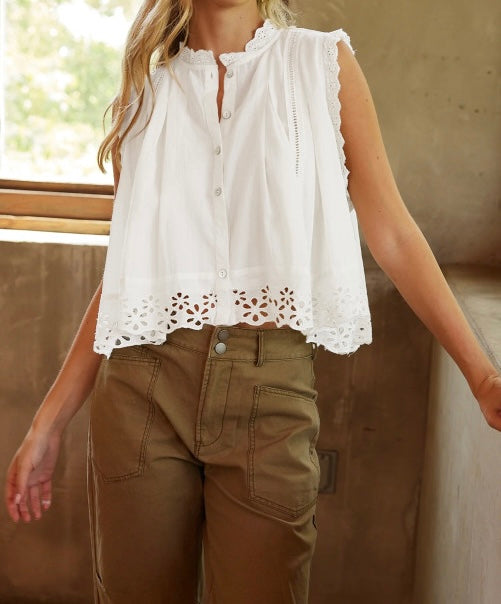 White Eyelet Sleeveless Buttoned Shirt