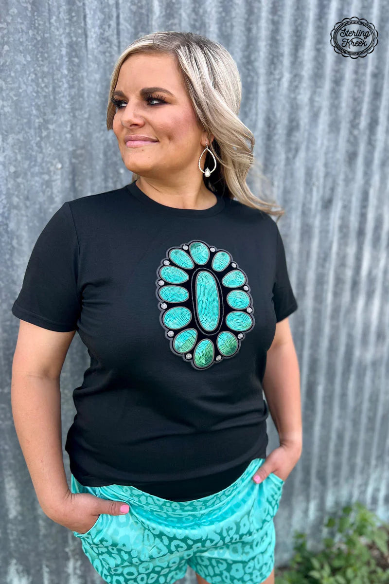 INSTOCK sequin patch turquoise tee