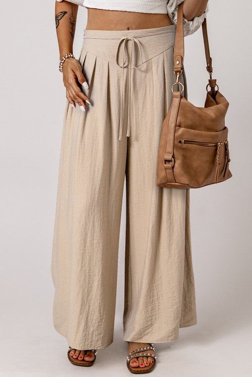 INSTOCK Drawstring Waist Pleated Wide Leg Casual Pants