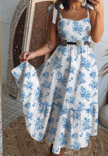 Load image into Gallery viewer, Blue Floral Print Shirred Knot Shoulder Sleeveless Long Dress
