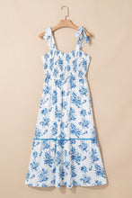Load image into Gallery viewer, Blue Floral Print Shirred Knot Shoulder Sleeveless Long Dress
