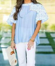 Load image into Gallery viewer, Blue Lace Insert Floral Puff Sleeve Patchwork Loose Blouse
