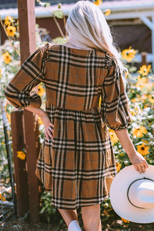 Brown Plaid Pattern Empire Waist Babydoll Dress Lovebug Boutique Brown Plaid Pattern Empire Waist Babydoll Dress Lovebug Boutique