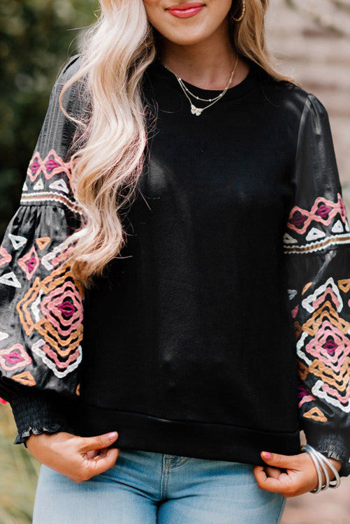 Printed Balloon Sleeve Crew Neck Blouse