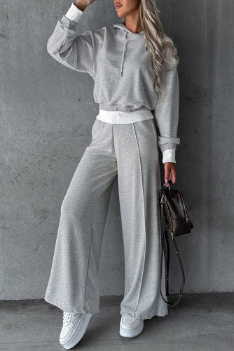 Drawstring Hoodie And Wide-Leg Pants Two Piece Set