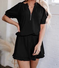 Load image into Gallery viewer, Half Zip Puff Sleeve Top and Ruffled Shorts Set
