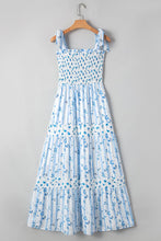 Load image into Gallery viewer, Blue Floral Smocked Tied Straps A-Lined Tiered Maxi Dress
