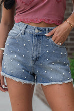 Load image into Gallery viewer, Pearl Beaded Raw Hem Medium Wash Denim Shorts
