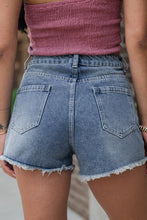 Load image into Gallery viewer, Pearl Beaded Raw Hem Medium Wash Denim Shorts
