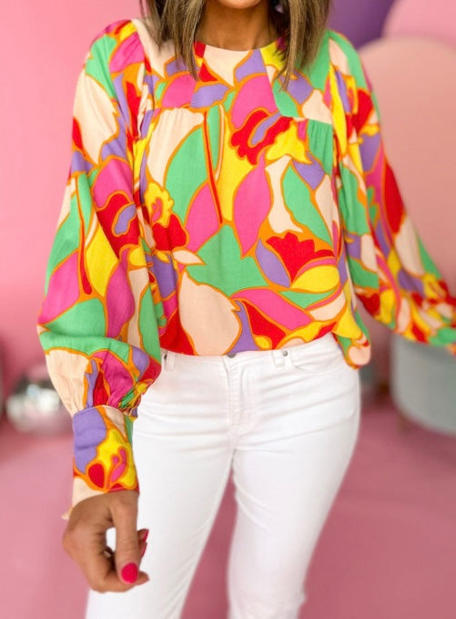 Abstract Print Puff Sleeve Blouse