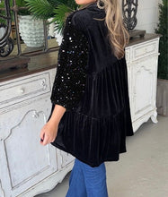 Load image into Gallery viewer, Sequin Puff Sleeve Buttoned Velvet Peplum Shirt
