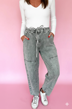 Load image into Gallery viewer, Acid Wash Barrel Fit Denim Pants with Waist String
