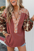 Load image into Gallery viewer, Floral Plaid Mixed Print Bishop Sleeve Patchwork Top
