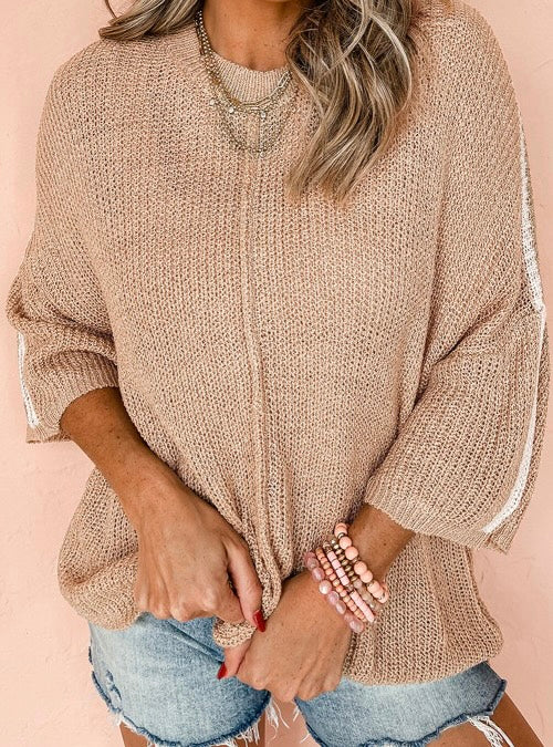 French Beige Contrast Striped 3/4 Sleeve Crew Neck Sweater