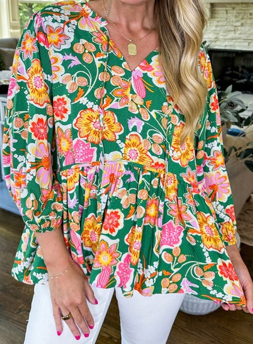 Floral Puff Sleeve V Neck Peplum Blouse