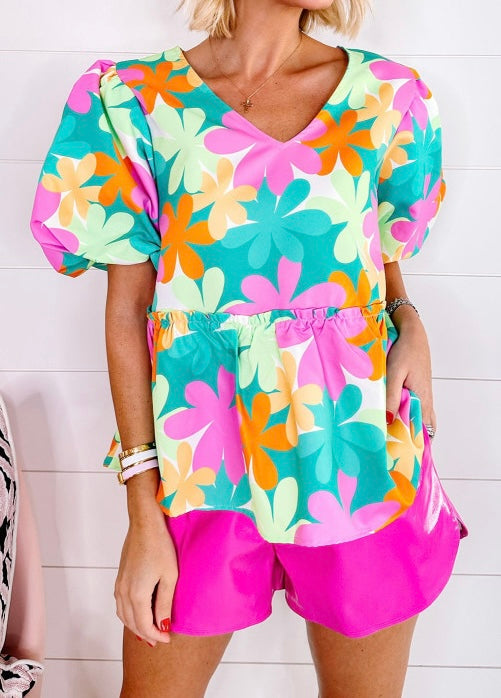 Floral Print Bubble Sleeve V Neck Peplum Blouse