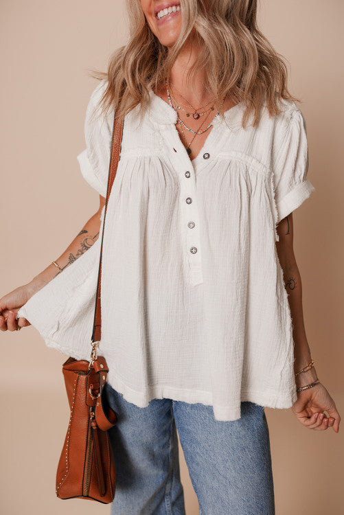 Textured Short Sleeve Buttons Frayed Blouse
