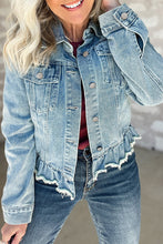 Load image into Gallery viewer, Ruffle Raw Hem Flap Pockets Denim Jacket
