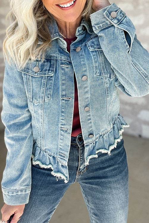 Ruffle Raw Hem Flap Pockets Denim Jacket