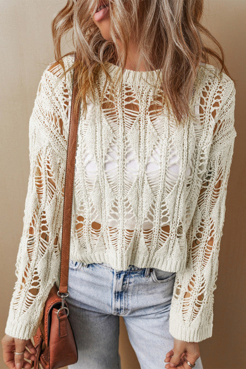 Crochet Crew Neck Loose Fit Sweater