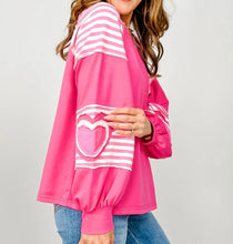 Load image into Gallery viewer, Pink Heart Shape Striped Patchwork Long Sleeve Loose Top
