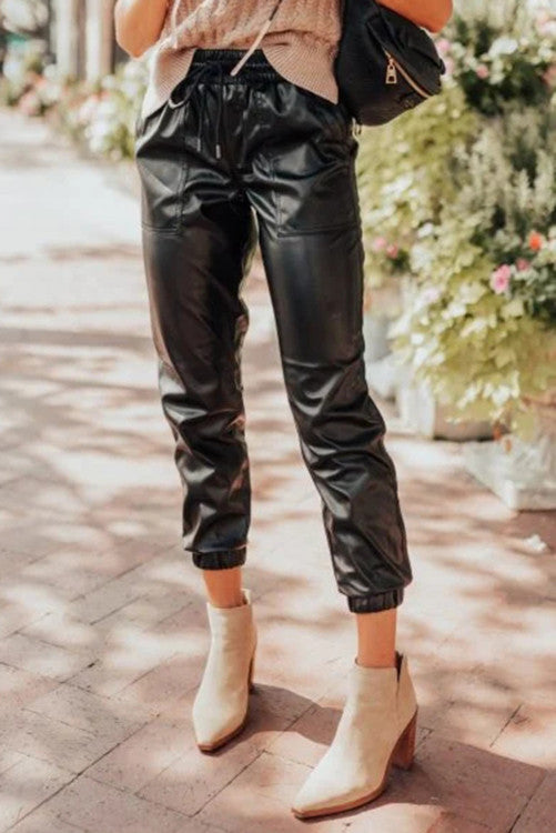 Faux Leather Ankle Smocked Waist Drawstring Joggers