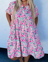 Load image into Gallery viewer, Plus Size Floral Half Button Short Puff Sleeve A-line Dress
