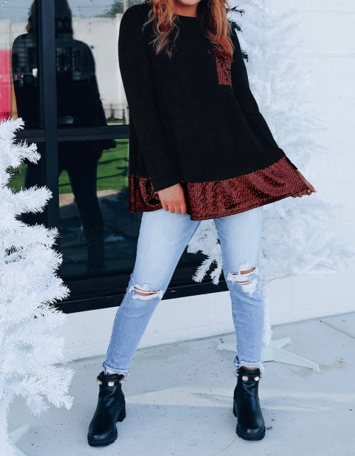 Fiery Red Sequin Patch Pocket Ruffle Hem