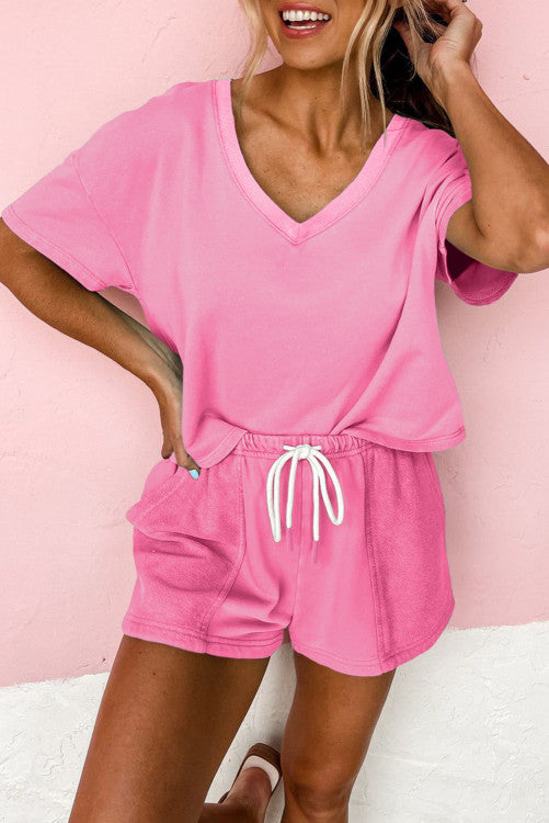 V Neck Drop Shoulder Tee and Patchwork Drawstring Shorts Set