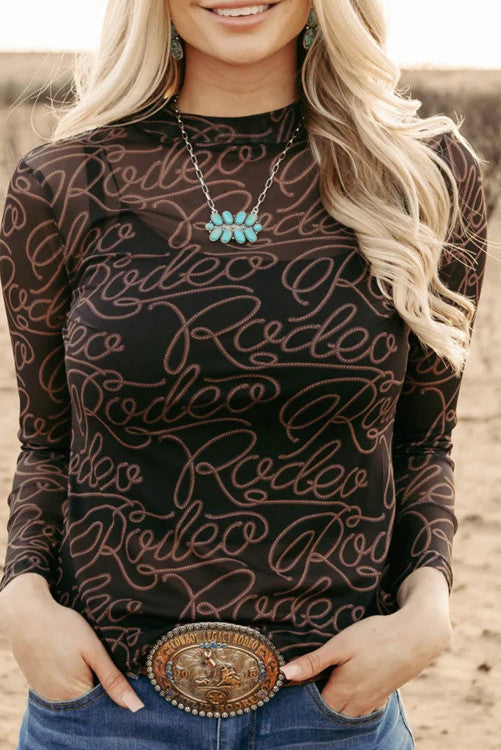 Rodeo Printed Mock Neck Long Sleeve Mesh Top