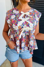 Load image into Gallery viewer, Floral Print Bow Applique Slit Sleeveless Peplum Blouse
